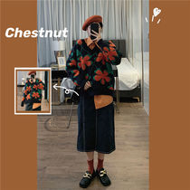 2021 spring comfortable V-neck sweater orange shirt split long denim skirt women's three-piece suit