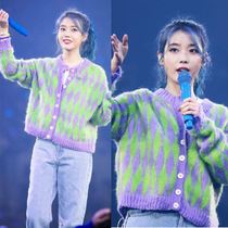 Li Zhien iu with green purple diamond Plaid retro sweater female 2020 new check wear knitted cardigan