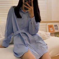 Niche design sense blue shirt dress female Autumn New Hong Kong flavor retro Korean loose long sleeve top