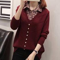 2021 Spring and Autumn new womens knitted sweater womens fake two shirt collar loose pullover base shirt thin top
