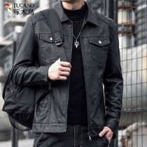 Woodpecker leather coat men tied up tide casual high-end leather jacket spring and autumn fashion outer man