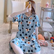 Cotton silk nightgown Women summer short sleeve cotton silk pajamas thin home clothes student cute loose dress spring and autumn size