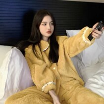 One-piece suit coral fleece pajamas women winter padded can wear loose casual clothes cute home clothing suit