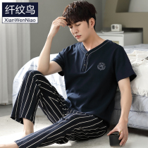 Pajamas men spring summer cotton short sleeves trousers thin V-neck loungewear boys summer half sleeve cotton set