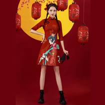Red cheongsam 2021 new young girl long sleeve national tide short improved dress for New Year's greetings