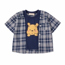 Boys and girls plaid shirt fake two pieces 2021 summer Children Baby foreign style cartoon short sleeve T-shirt top tide