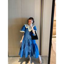 2021 summer New irregular organza lotus leaf collar sea blue Good White Ruffle Long dress women tide