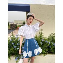 French jacket bow bubble sleeve shirt summer thin design feeling niche short sleeve shirt women's two-piece suit women