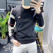 Clearance) Clearance) Foreign trade export) Tide brand plaid top mens long-sleeved round neck thin slim T-shirt plus velvet