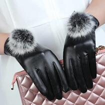 Heating and cold-resistant fur ball touch screen repair outdoor cycling PU leather gloves
