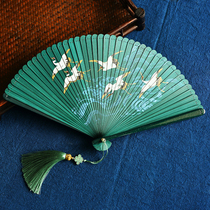 Green full bamboo crane Chinese style ancient style elegant small folding fan Japanese folding Hanfu cheongsam dance double-sided