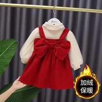 Female baby autumn and winter small fragrant wind dress infant birthday red dress girl foreign style plus velvet skirt