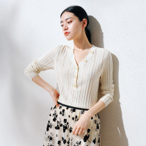 (seven years)Slim hollow jacquard pit strip V-neck Japanese yarn knitted pullover commuter long sleeve