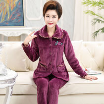 Thickened flannel pajamas womens autumn and winter fattening large size middle-aged and elderly mothers suit coral velvet long sleeve home wear