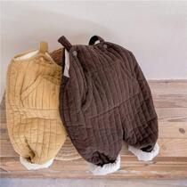 2021 autumn and winter temperament small cute net color vertical straps pants cotton corduroy padded pants for boys and girls