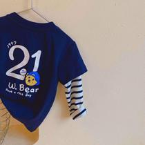 2021 autumn new childrens striped round neck shirt girls long sleeve base shirt T-shirt bear fake two top 3
