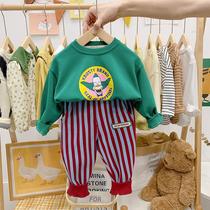 2021 Autumn New Baby cartoon sweater men and women childrens suit Joker Korean childrens clothing jacket pants two-piece set