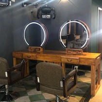 Chaodian solid wood four-sided mirror with light barber shop retro hairdressing mirror hair salon special industrial wind double-sided mirror table