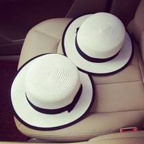 Flat along straw hat Han version Tide Spring Summer Pure White Flat Top Sun Hat 100 Hitch Hat Children Yinglun Straw Hat Beach