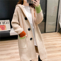 Tide brand hooded sweater coat cardigan womens long model 2021 autumn and winter wear Korean loose lazy sweater