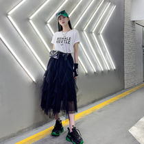 Black high waisted skirt 2021 Autumn New irregular a mesh gauze Puff skirt design sense niche long skirt