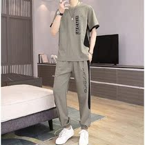 2021 new men summer cool Korean casual fashion set loose ice silk short sleeve t-shirt two-piece tide