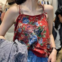 Original literary summer retro buckle adjustable personality interior style peony print linen sling