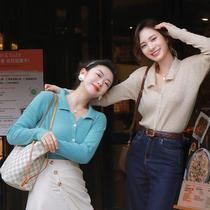 Retro imported foreign-style knitwear women 2021 new autumn long sleeve slim simple polo collar cardigan tide ins