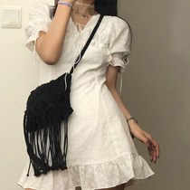  New bow strap bubble sleeve dress female summer French temperament retro first love bellflower short skirt female