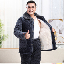 Middle-aged and elderly pajamas mens winter three layers of thickened velvet coral velvet cotton mens father warm home clothing autumn and winter