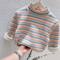 Girls plus velvet stripes semi-high neck top baby base shirt children children autumn winter dress Western air long sleeve T-shirt tide