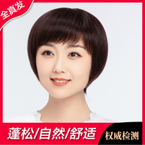 Wig short hair female simulation middle-aged and elderly lady full head cover real hair silk natural fluffy wave head round face hairstyle