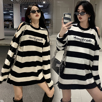 Pregnant women autumn fashion black and white striped top loose knit dress spring and autumn Net red spicy mother out suit