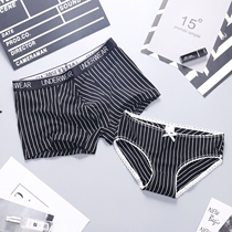 2-pack couple panties striped cotton lace sexy set mens middle waist flat corner womens low waist briefs