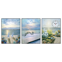 Living room decoration painting triptych frameless painting wall clock Sofa background wall clock hanging painting Nordic style vertical landscape mural