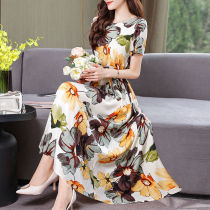 Mom cotton poplin dress summer new middle-aged and elderly womens loose large size artificial cotton floral mid-length skirt