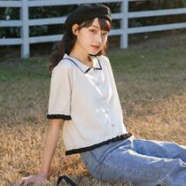 2021 summer new beaded short-sleeved wooden ear edge T-shirt womens color-matching fashion knitwear ice silk short top tide