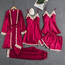 Spring summer and autumn sexy pajamas female ice silk five-piece set with chest pad lace halter nightgown nightgown set thin