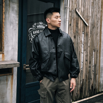 McGen Tide brand retro leather clothing mens slim locomotive clothing Korean version of the trend flight suit jacket first layer cowhide jacket