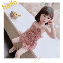 Childrens suit 2021 new childrens clothing summer clothes girls net red female baby thin Western style floral suspender two-piece set