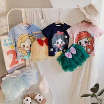 Childrens 2021 summer new girls two-piece set cartoon short-sleeved t-shirt mesh princess skirt baby girl skirt suit