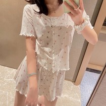 Pajamas female summer thin flowers generous sweet and lovely age-less Ladies short sleeves thin two-piece set can be worn outside