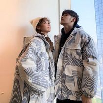 Couple clothing cotton-padded clothing 2021 Winter Hong Kong style mens womens cotton-padded jacket super fire hooded Joker brand cotton coat national tide coat