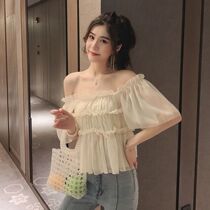 One-line collar sexy top clothes womens summer new super fairy ruffle chiffon bottoming shirt student niche T-shirt