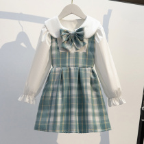  Girls  college style sub-dress Spring and autumn jk skirt Western style net red fried street long-sleeved suit skirt fake two pieces