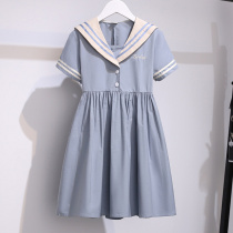 Girls college style dress summer navy net red children 2021 new western style little girl blue princess dress
