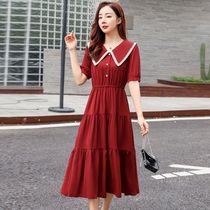 Short-sleeved dress womens 2021 summer new Korean version lace doll collar high waist elastic temperament medium long dress