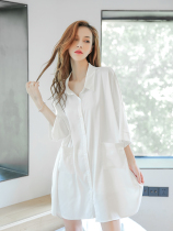 2021 new pajamas womens nightgown spring and autumn Ice Silk thin sexy white shirt mid-length home wear summer