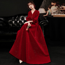 Pregnant women toast 2021 new bride high waist Belly Belly size fat mm engagement return door Thank you banquet dress winter