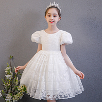 Girls princess dress summer white small host piano performance high-end flower girl wedding dress
